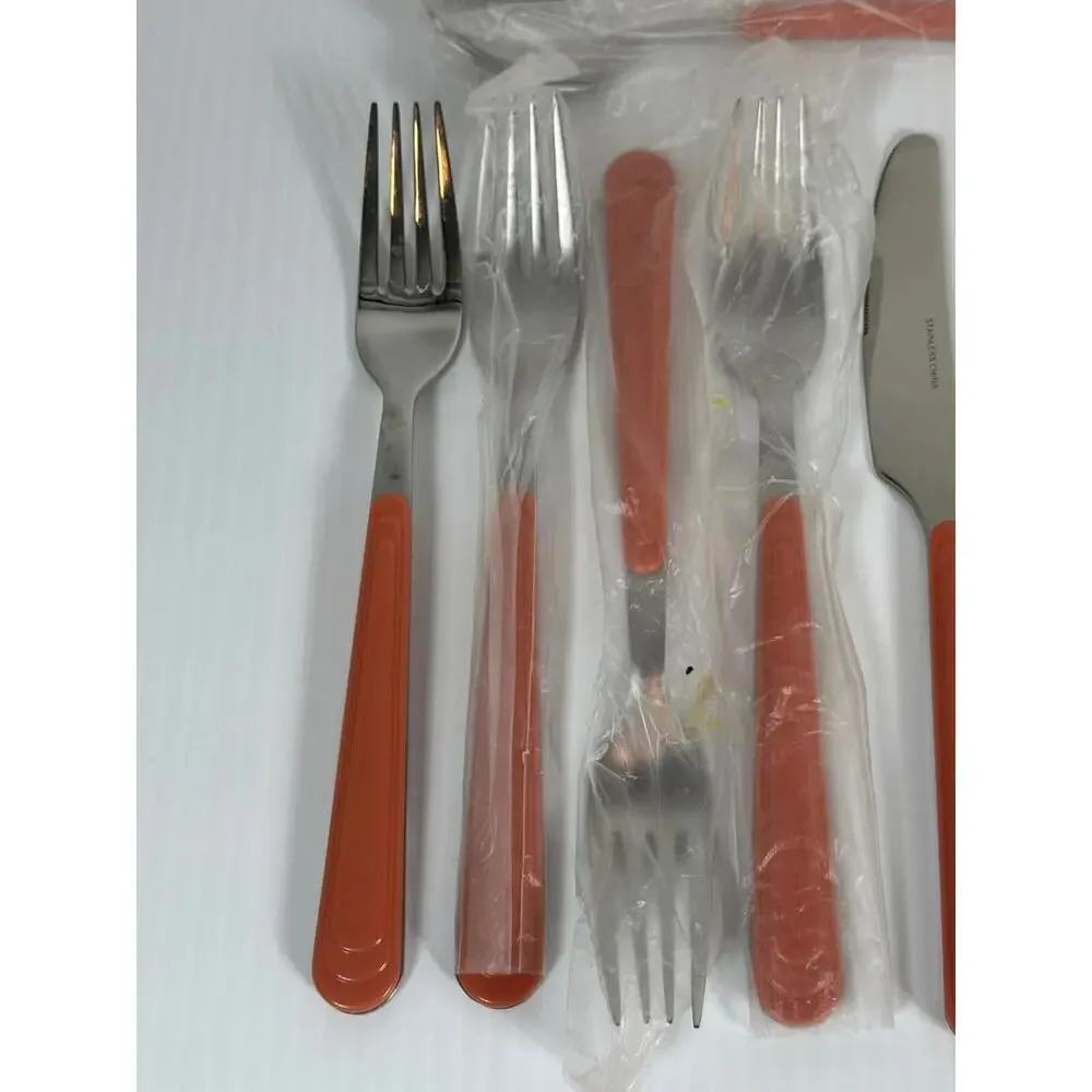 19 Pieces Flatware Piece Set Coral Pink Salmon Plastic Handles MCM Made In China